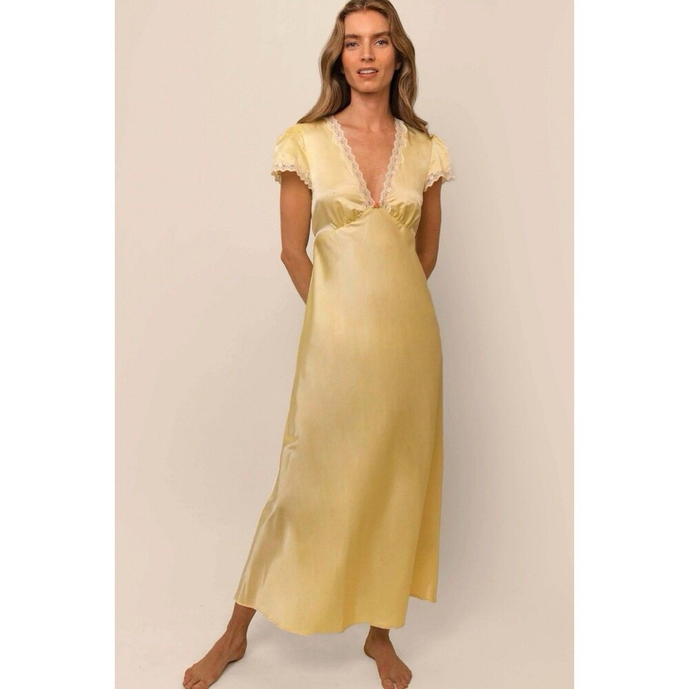 Rixo Clarice Nightwear Dress Size L Buttercup Yellow Satin Midi Lace Coquette